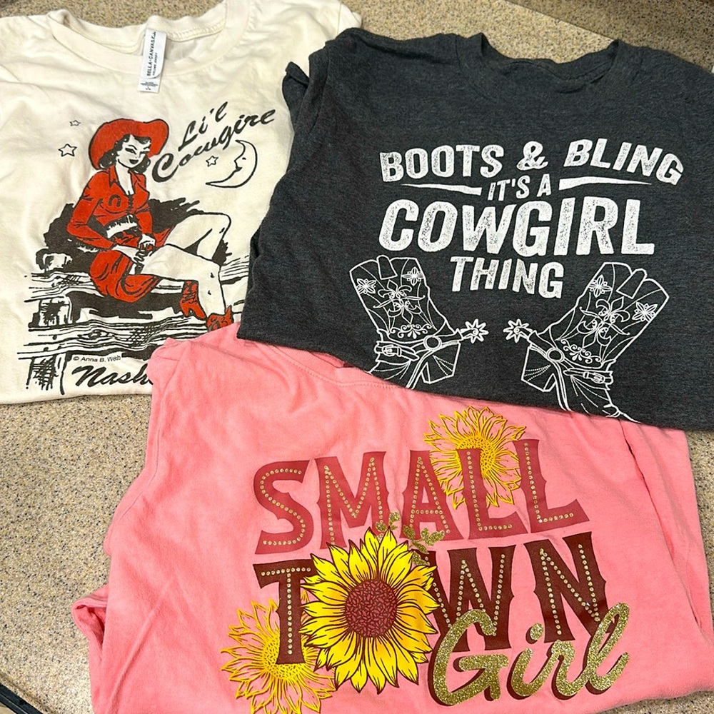 3 short sleeved cowgirl shirts- CP Place Bella canvas and a custom